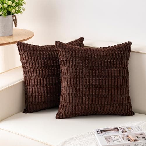 Aegero Pack of 2 Corduroy Decorative Throw Pillow Covers 18x18 InchSoft Boho Striped Pillow Covers Modern Farmhouse Home Decor for Sofa Living Room Couch Bed（Dark Brown）