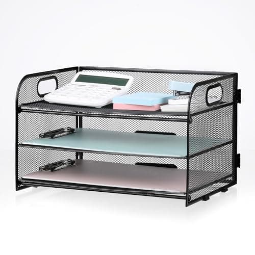 NCXTKJ 3-Tier Letter Tray Paper Organizer with Handle, Compact Mesh Desk File Organizer for Home Office Supplies Desktop Accessories,Black