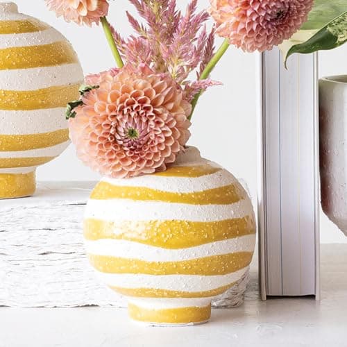 Creative Co-Op Striped Stoneware Vase with Sphere Shape and Footed Base, Yellow and White