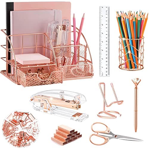 KAAKOW Rose Gold Desk Organizers and Accessories Office Supplies Set Stapler, Pen Holder, Phone Holder, Scissors, Pen, Ruler, 30 Paper Clips, 22 Binder Clip, 20 Tacks and 1000pcs Staples