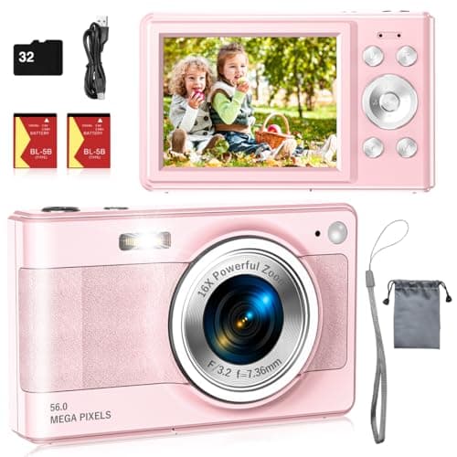 Upgrade Digital Camera, 56MP FHD 1080P Camera for Kids with 16x Zoom Anti Shake, Kid Camera with 32GB TF Card, Two Batteries, Lanyard, Compact Small for Kids Boys Girls（Pink）
