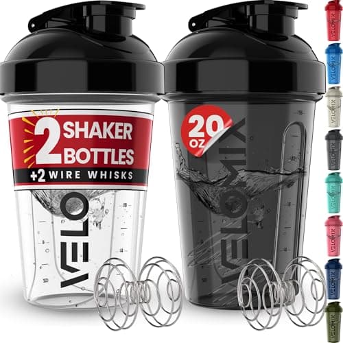 VELOMIX -2 Pack- 20 oz Protein Shaker Bottles for Protein Mixes - 2x Wire Whisk | Leak Proof Shaker Cups for Protein Shakes and Pre Workout | Protein Shaker Bottle Pack | Protein Mixer Cup