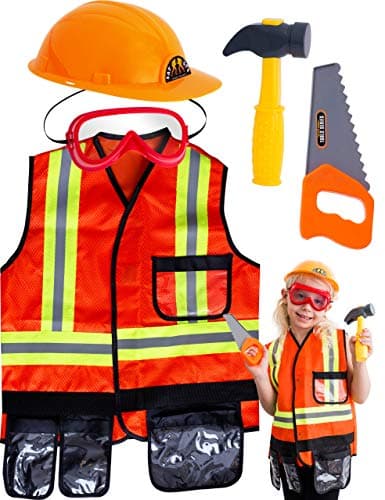TeganPlay Construction Worker Costume for Boys Role Play Dress Up Kids Construction Vest with Hard Hat and Toy Tools for 3-8 years old