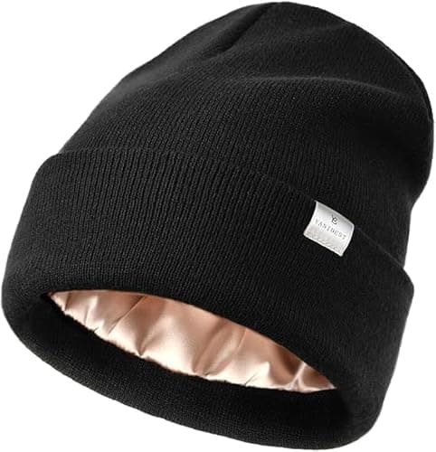 YANIBEST Satin Lined Beanie for Women Reduce Frizz Winter Hats for Women Men Silk Lining Soft Slouchy Warm Cuffed Less Static