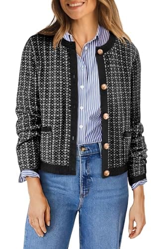 Tweed Jacket Women Cardigan Sweaters 2024 Fall Clothes Ladies Button Up Cardigan Black Tweed XL