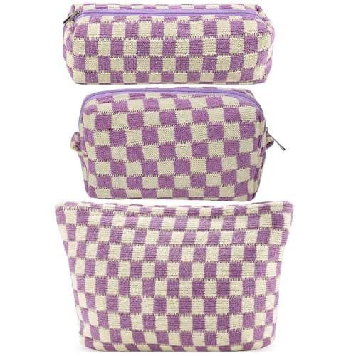 ZLFSRQ 3Pcs Checkered Makeup Bag for Women Large Small Checkered Cosmetic Bag Set Aesthetic Preppy Pencil Case Cute Pencil Pouch Purple Makeup Pouch for Purse Travel Toiletry Bags Zipper Skincare Bags