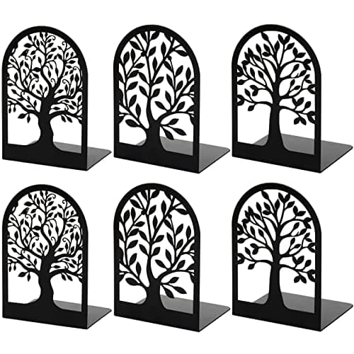 HappyHapi Book Ends, Metal Bookends for Shelves Decorative, Tree Stopper for Heavy Books, Black Ends to Hold Books for Home Office, 6.5 X 4.7 X 3.5 Inch(3 Pairs/6 Pcs, Large)