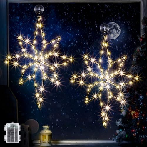 2 Pack 16 Inch Large Christmas Window Light Decorations 8 Model Bethlehem Christmas Star Window Silhouette Lights with Timer Iron Frame LED Battery Operated Lighted Star for Window in Xmas Holiday