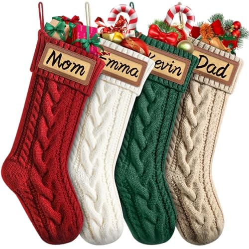 Dalzom® 4Pcs Personalized Christmas Stockings with Leather Patches Custom Name, 18” Premium Large Knitted Christmas Stockings for Kids, Family, Holiday and Fireplace Party Decoration