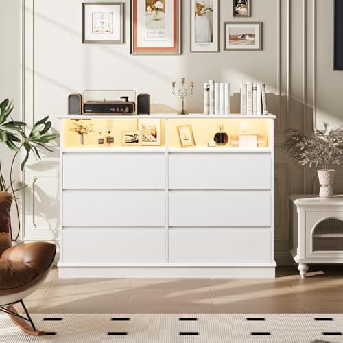 Best Dressers for Bedroom #1 from IDEALHOUSE IDEALHOUSE 6 Drawer Dresser for Bedroom with LED Lights & Charging Station, Modern White Dresser with LED for Bedroom, Wide Chest of 6 Drawers with Open Storage Shelf for Living Room, Hallway, Closet