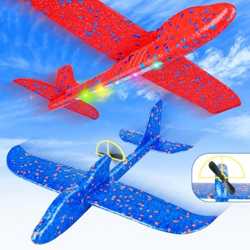 Fuwidvia Electric Foam Airplane Toy, 2 Pack LED 15/25s Plane Toy for Boys, Outdoor Flying Toys Birthday Gifts for Boys Girls 3 4 5 6 7 8 9 10 11 12 Year Old Kids