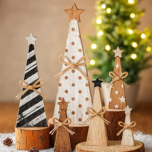 6 Pcs Christmas Table Decor - wooden Christmas Trees Home Decoration Indoor - Rustic Farmhouse Tabletop Centerpieces with Xmas Tree - Vintage Wooden Block Signs for Tiered Tray Decor and Holiday Gifts