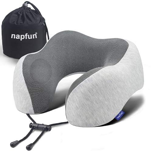 napfun Neck Pillow for Traveling, Upgraded Travel Neck Pillow for Airplane 100% Pure Memory Foam Travel Pillow for Flight Headrest Sleep, Portable Plane Accessories, Light Grey