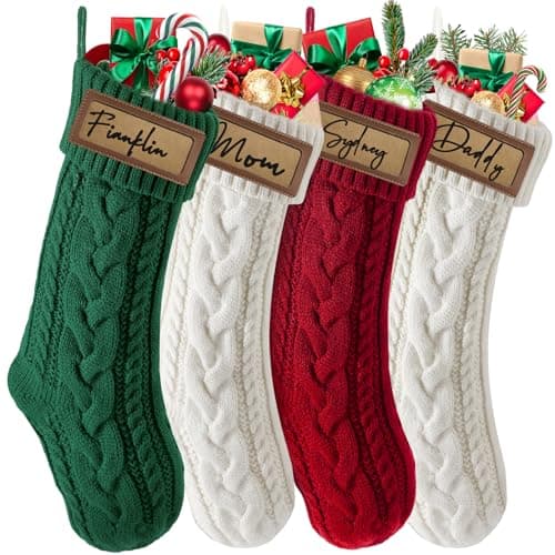 steo spce 4 Pack Personalized Christmas Stocking with Leather Patches Custom Name Family Christmas Stockings, 18.5” Large Knitted Xmas Stockings for Kids, Holiday and Fireplace Party Decoration