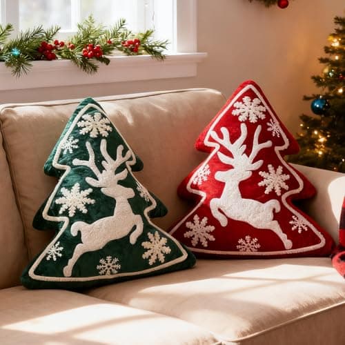 Lanpn Christmas Tree Pillows Set of 2, Christmas Decoration Winter Soft Cute 3D Shaped Xmas Tree Throw Cushion with Snowflake and Elk for Sofa Bedroom Xmas Decor (17x18 inch, Red & Green)