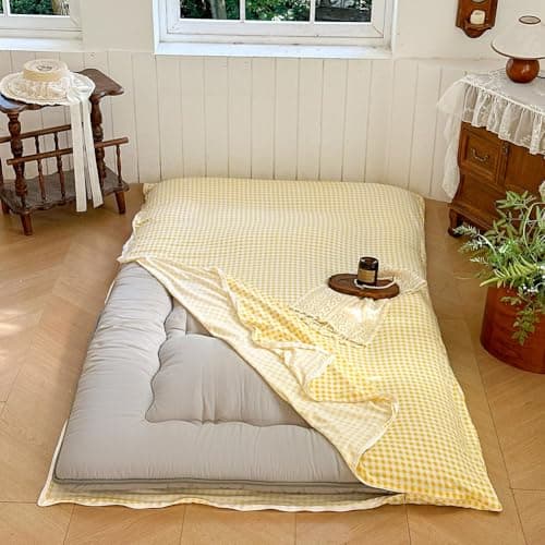 Yellow Gingham Japanese Floor Mattress Futon Cover Full for 3-4" Thick Pad, Checked Plaid Japanese Tatami Mattress Cover,Grid Guest Sleeping Mat for Floor (Yellow Gingham, Full)