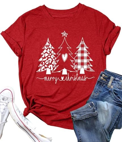 Christmas Tree Shirt for Women Merry Christmas Printed T-Shirts Short Sleeve Holiday Tee Xmas Gift Tops Red