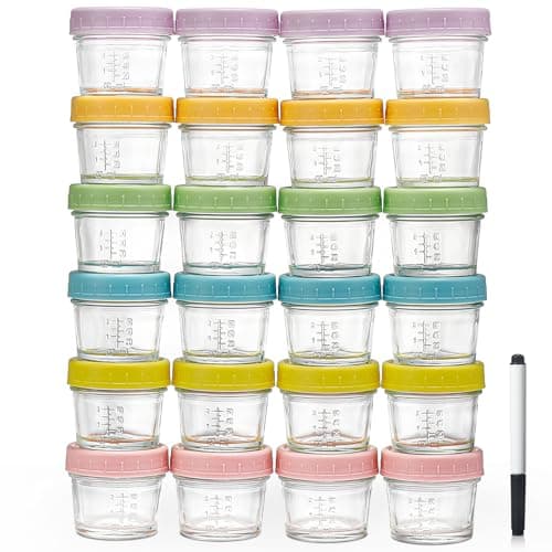 DIMBRAH Baby Food Storage Containers -24pcs, 4oz Reusable Glass Baby Food Jars with Lids–Dishwasher & Freezer Safe, Suitable for Baby and Toddler Foods、Fruit and Vegetable Purees