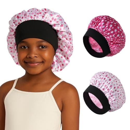 ZHENSILK 2PCS Kids Satin Sleep Bonnet for Girls, Soft Hair Cap for Sleeping, Toddler Bonnet for Curly Hair (US, Alpha, X-Small, Small, Color-A Pink)
