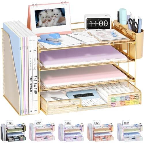 OPNICE Desk Organizer, 4-Tier Desktop File Organizer with Drawer and 2 Pen Holders, Office Desk Accessories, File Sorters, Workspace Organizers for Office Supplies(Gold)