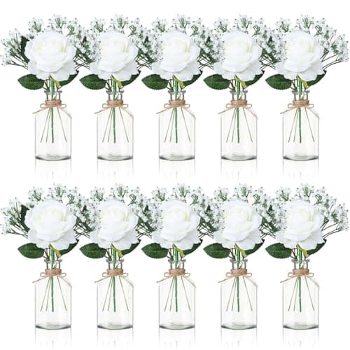 Acellegic 10 Set Glass Bud Vases Centerpiece with Artificial Flowers for Table Decor 10 Small Clear Glass Vase 10 White Roses 30 Baby Breath for Wedding Bridal Shower Home Rustic Farmhouse Decor