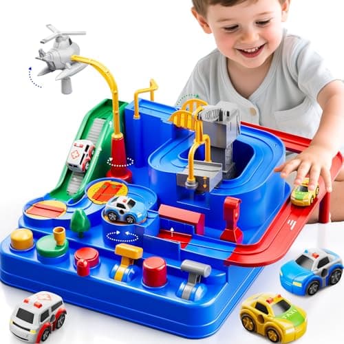 KIZONLY Car Race Track for Kids Ages 4-8, Kids Car Toys for 3 Year Old Boys, Race Track for Toddlers 1-3, City with 3 Small Cars and Helicopter, Educational Birthday Gifts