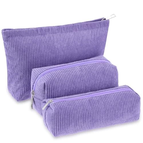 Huhumy 3 Pcs Makeup Bag Set for Women Corduroy Cosmetic Pouch Aesthetic Smile Travel Toiletry Bag Cute Purse Pouch Pencil Case Makeup Brushes Storage Organizer for Christmas(Purple,Solid Style)