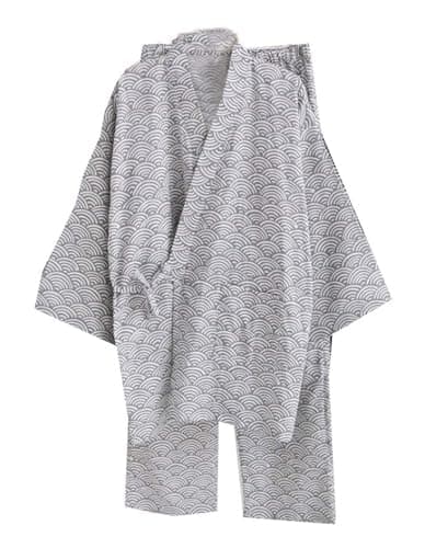 ZEALMAX Kimono Japanese Shirt and Pant, Cotton Linen Loungewear Lounge Set Spa Bathrobe, Gray Waves