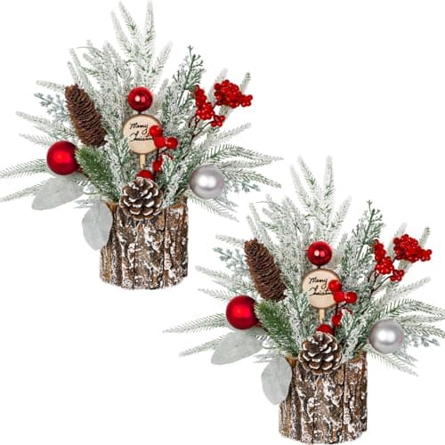 CandyHome 2 Pcs Small Christmas Tree, Artificial Mini Tabletop Christmas Tree Fake Potted Plants with Christmas Ball Ornaments Pine Cone for Party Table Mantle Window Home Christmas Decorations