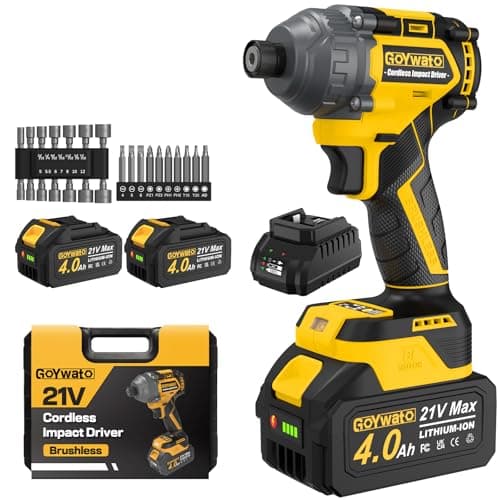 GoYwato Cordless Impact Driver 2655In-lbs(300N·m) - 21V 1/4" Hex Chuck Brushless Hand Impact Driver With & 2 x 4.0Ah Battery & Charger & 14 x Sockets Set & 10 x Screwdriver Bit for Home Projects & DIY
