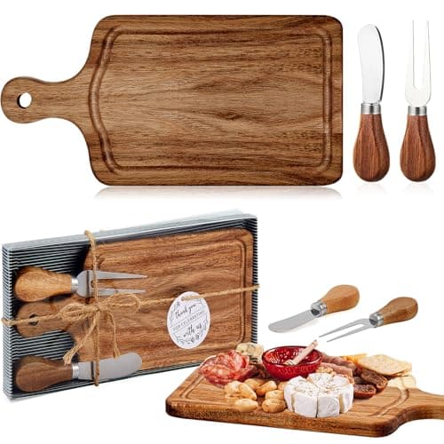 Ziliny 1 Set Bridal Baby Shower Cheese Prizes Wooden Square Board Gift Set Knives Forks Thank You Tags with Box for Guests for Valentines Bridal Baby Shower Housewarming Gifts (Acacia Color)
