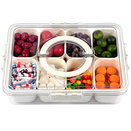 Snackle Box Container, Divided Serving Tray with Lid and Handle, Snack Box Charcuterie Container for Portable Snack Platters, Clear Organizer for Fruits Snacks, Perfect for Road Travel Picnic Party