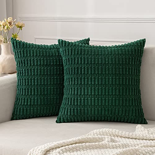 MIULEE Pack of 2 Dark Green Corduroy Decorative Christmas Pillow Covers 18x18 Inch Soft Boho Striped Throw Pillow Covers Modern Farmhouse Home Decor for Sofa Living Room Couch Bed