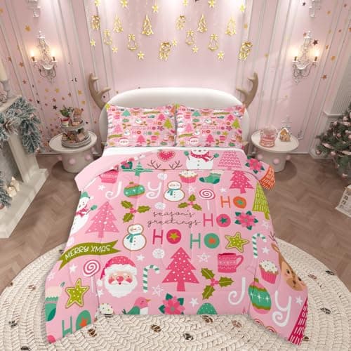 Erosebridal Pink Christmas Comforter Set, Cartoon Santa Claus Bedding Set Full Size for Kids Boys Girls Women, Snowman Pine Duvet Sets Christmas Tree Cute Deer Down Comforter Xmas Decor,2 Pillowcases