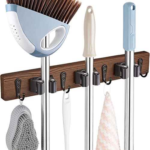 Best Farmhouse Decors #1 from OUTNILI OUTNILI Mop Broom Holder Wall Mount with 3 Slots & 4 Hooks - Wood Broom Mop Hanger for Pantry Kitchen Organization - Garden Tool Organizer for Closet Laundry Room - for Rustic Farmhouse Kitchen Decor