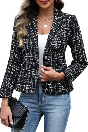 ELLEVEN Womens Blazer Business Casual Suit Jackets Tweed Blazers for Women Slim Fit Fitted Outfits Long Sleeve Stand Collar Blazer Dressy Coat Cardigan with Padded Shoulder Black Medium