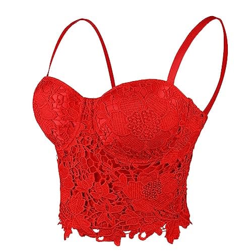 ELLACCI Women's Floral Lace Bustier Crop Top Gothic Corset Bra Tops Red Medium