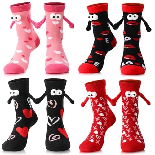 scenicamp 4 Pairs Valentine Magnetic Holding Hands Socks Novelty Funny Couple Silly Socks Heart Print for Women Men Valentine Gift