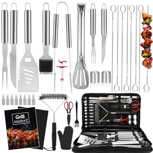 Yoehka BBQ Grilling Accessories Set, 34Pcs Heavy Duty Grill Tools for Outdoor Camping, Grilling Gifts for Men Dad, Stainless Steel Barbecue Utensils Kit with Mats and Glove in Carrying Bag, Silver