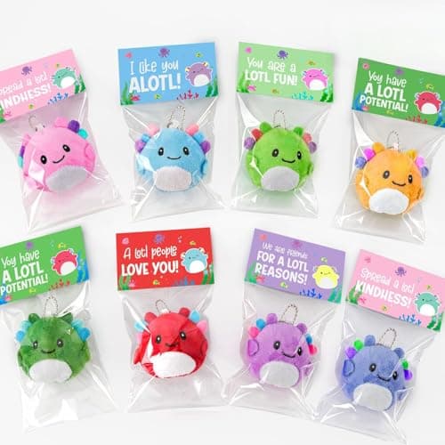 Zesua Valentines Day Gifts for Kids - 24 Pack Axolotl Plush Toys Keychains with Valentine's Cards - Mini Stuffed Animals Set for Boys Girls Toddler Classroom Exchange School Activities Party Favors