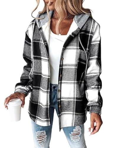 CHICME Womens Lightweight Casual Jacket Plaid Long Sleeve Shacket Fleece Lined Hooded Jackets Warm Coat Black-M