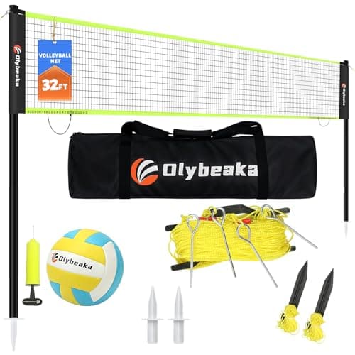 32ft Regulation Size Portable Outdoor Volleyball Net Set System for Backyard Beach with Height Adjustable Poles, PU Volleyball and Pump, Carry Bag, Boundary Line - Easy Set Up & Anti-Sagging (Black)