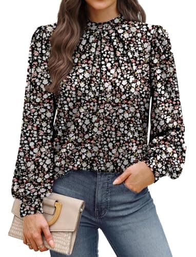 WIHOLL Blouses for Women Dressy Casual Long Sleeve Shirts for Women Business Casual Tops Mock Neck Early Womens Fall Fashion 2025 Work Clothes School Outfits for Teachers Clothing Floral Print L