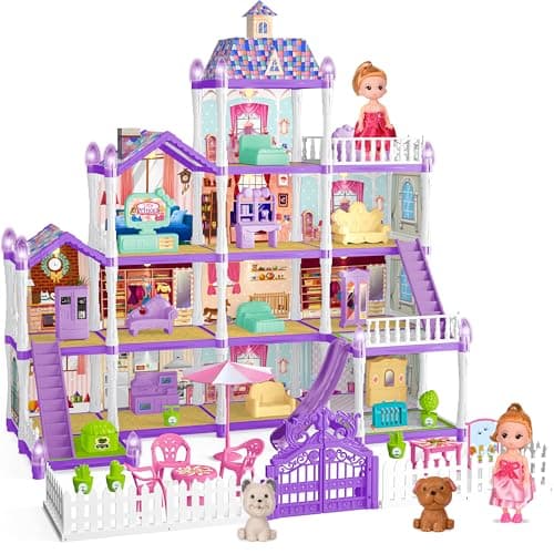 OCTERIC Doll House for Girls ,13 Rooms Doll House with 2 Dolls, Lights, Puppies ,Furnitures, Accessories, Toddler Playhouse Gift for for 3 4 5 6 7 8 9 10 Year Old Girls Toys ( Purple)