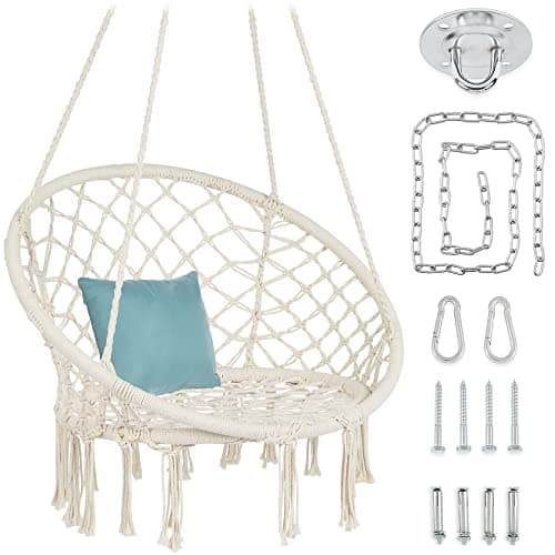 Best Choice Products Macramé Hanging Chair, Handwoven Cotton Hammock Swing for Indoor & Outdoor Use w/Mounting Hardware, Backrest, 265lb Capacity - Beige