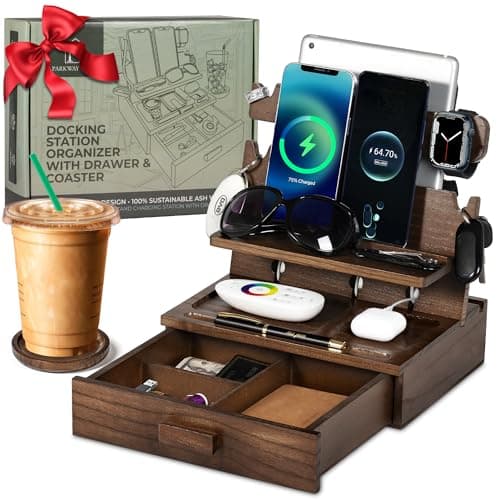 Wood Phone Docking Station for up to 3 Phones - Nightstand Organizer with Drawer for Valuables for Men & Women, Compatible with Apple Watch, Holds Phones, Tablets, Keys, Rings, Glasses, Watches & EDC