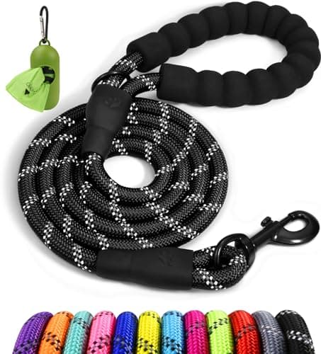 Taglory Rope Dog Leash 6 FT with Comfortable Padded Handle, Highly Reflective Threads Leash for Medium Large Dogs, 1/2 inch, Black