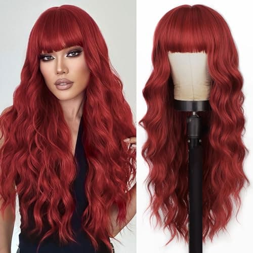 Lativ Red Wig With Bangs Long Red Wigs for Women 26 Inches Curly Wavy Hair Natural Looking Heat Resistant Fiber Wig for Girls Halloween Party Use