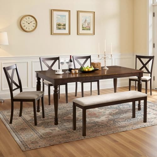 LUXOAK 6-Piece Solid Wood Dining Table Set, 71" Farmhouse Kitchen Table with 4 Upholstered Chairs and Bench, Large Dining Room & Kitchen Furniture Set, Brown & Black