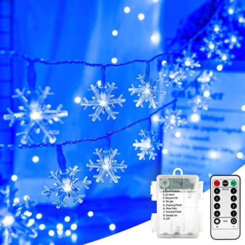 BrizLabs Blue Snowflake Lights, 40 LED 16.08ft Snow Flake Christmas String With Remote, Battery Twinkle, 8 Modes Xmas Waterproof for Outdoor Indoor Wedding Party Window Decor